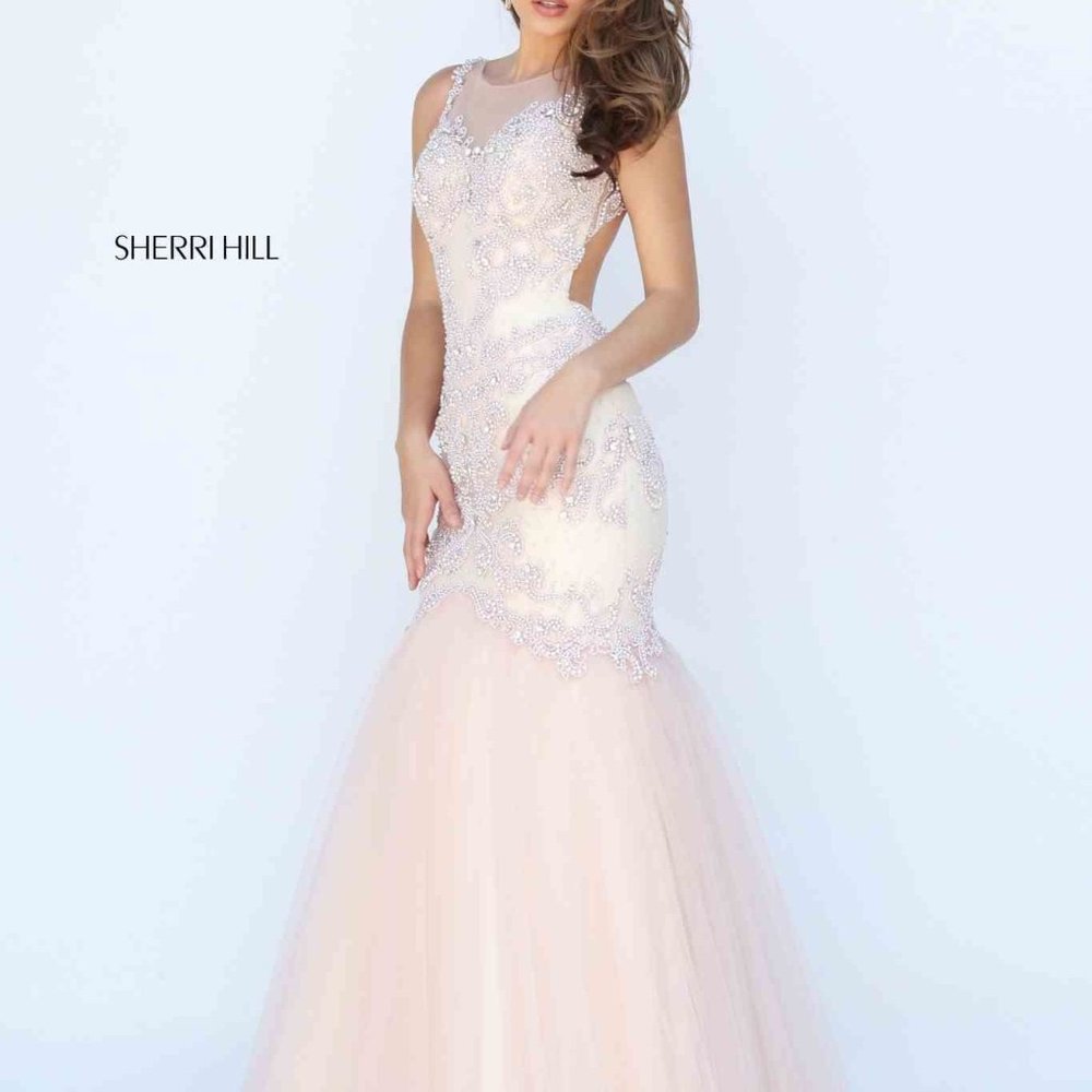 NWT Sherri Hill evening gown 50290 blush mermaid, open back - Picture 1 of 5